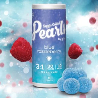 Variation Blue Razzleberry 3:1 CBG Gummies - 5 x 6mg CBG THC: 5 x 2mg THC 5 x 6mg CBG Stay lifted all day long with a burst of bright blueberries, raspberries, and lemons in Pearls Blue Razzleberry. Infused with CBG and THC in an uplifting 3:1 ratio, each sugar-coated gummy has 6 mg of CBG, and 2 mg of THC. Pearls are bursting with natural flavour, and coated in sugar for a sweet treat no matter where you are. Bring them on the go, enjoy them with friends, or indulge in a night in by yourself because Pearls go with everything. 5 gummies per pack.